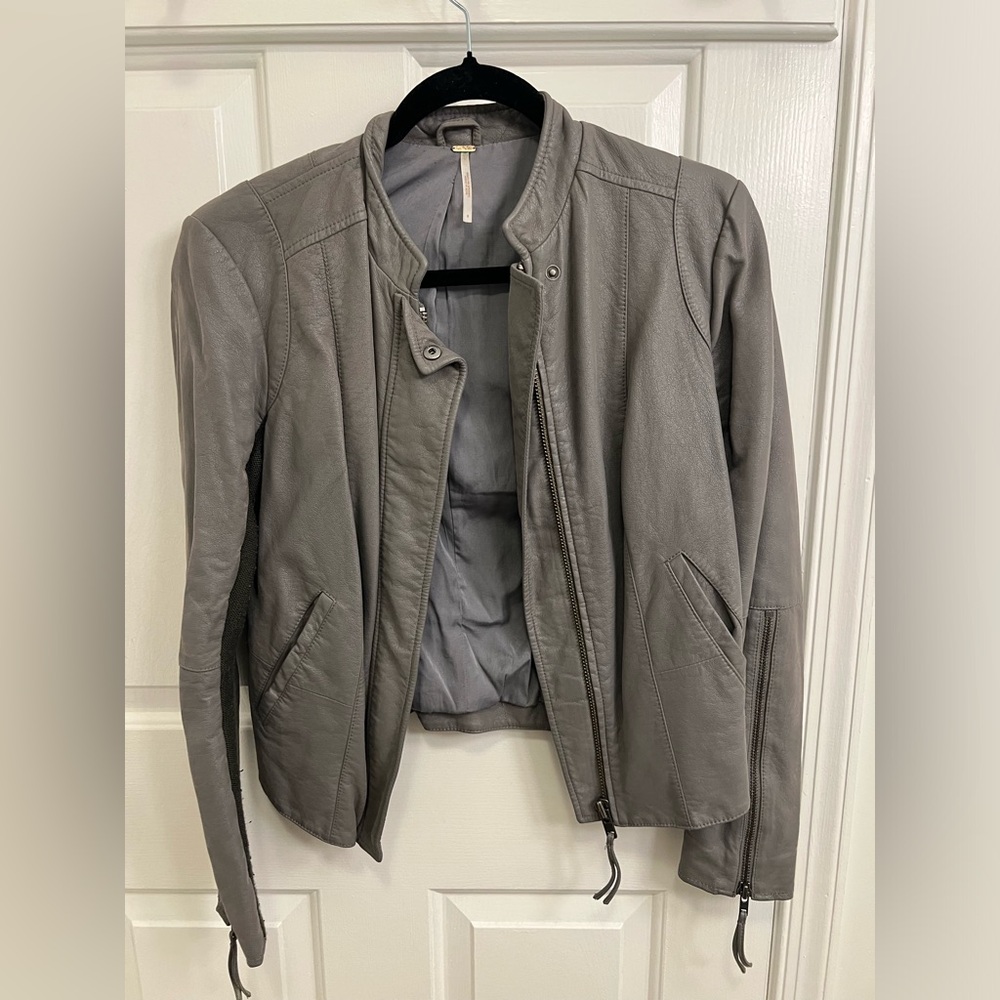 Free People | Faux Vegan Leather Gray Motorcycle Moto Jacket- size 8